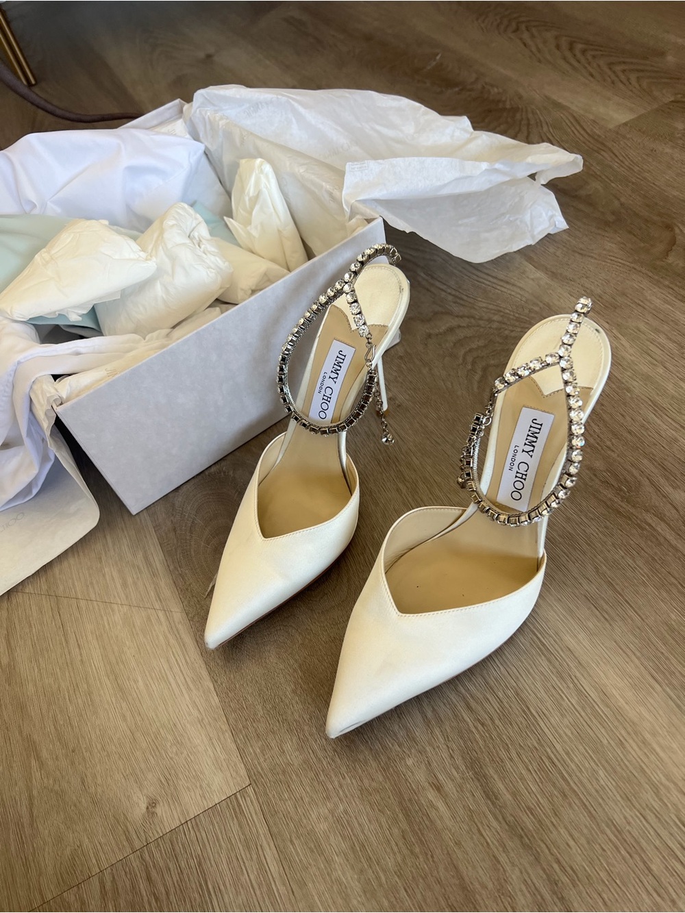 Jimmy Choo Ivory Satin Pointed Toe Slingback Heels with Crystal Straps